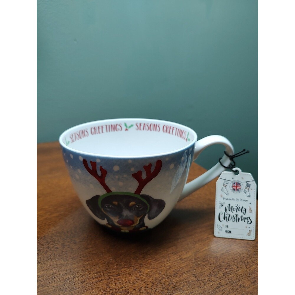 Portobello by Design Dachshund Mug Coffee Merry Christmas 5" across x 3.5" Tall